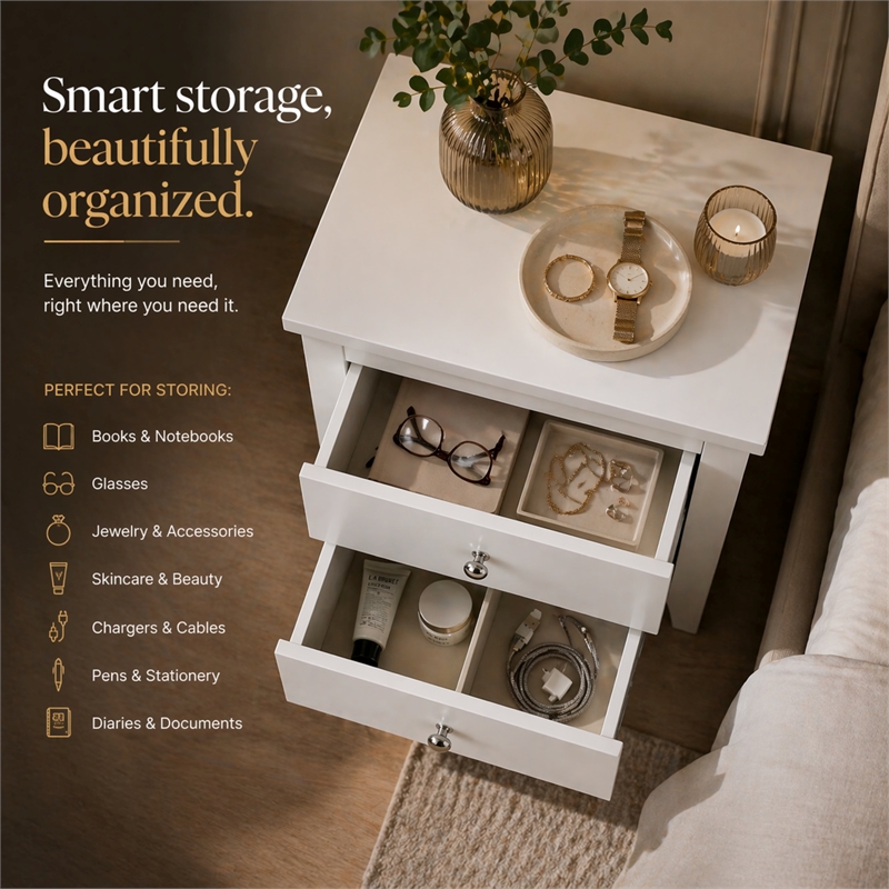 Pemberly Row Set of 2 Modern White Nightstands 2 Drawer Bedroom Storage