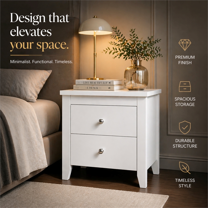 Pemberly Row Set of 2 Modern White Nightstands 2 Drawer Bedroom Storage