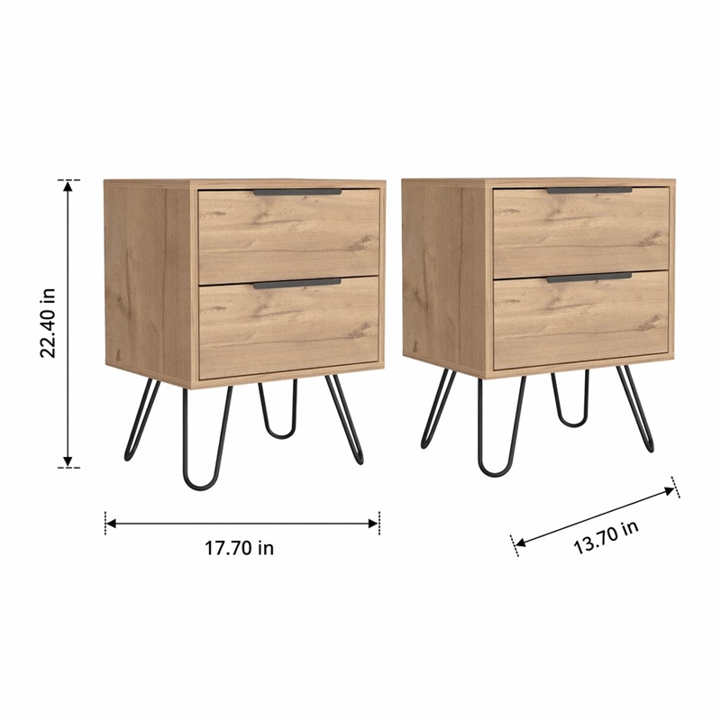 Pemberly Row Set of 2 Nightstands with 2 Drawers in Beige Engineered Wood