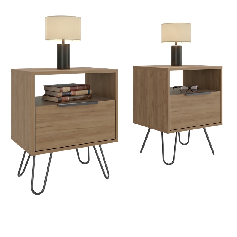 Pemberly Row Set of 2 Nightstands with 2 Drawers in Beige Engineered Wood