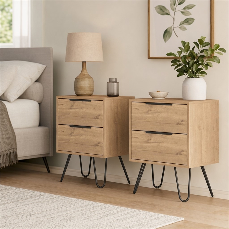 Pemberly Row Set of 2 Nightstands with 2 Drawers in Beige Engineered Wood