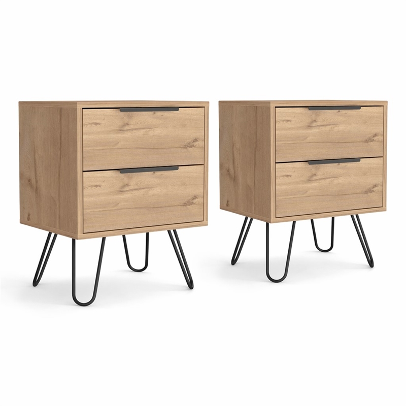 Pemberly Row Set of 2 Nightstands with 2 Drawers in Beige Engineered Wood