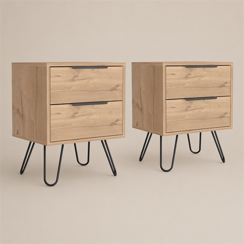 Pemberly Row Set of 2 Nightstands with 2 Drawers in Beige Engineered Wood