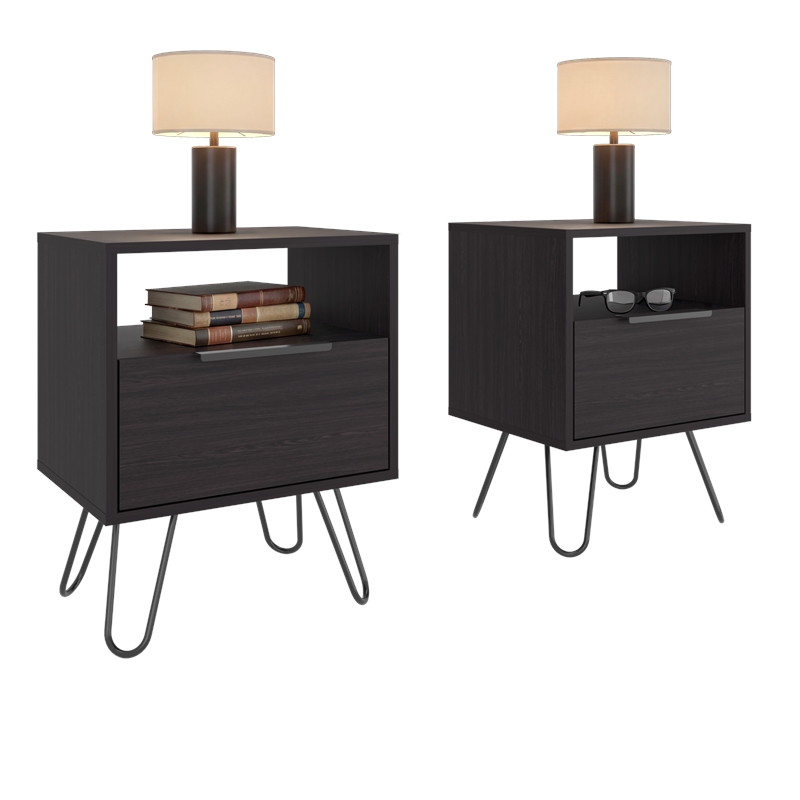Pemberly Row Set of 2 Nightstands with 2 Drawers in Brown Engineered Wood