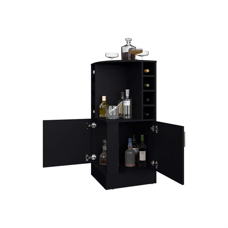 Pemberly Row Bar Cabinet with Bottle Rack and Open Shelves in Black Finish