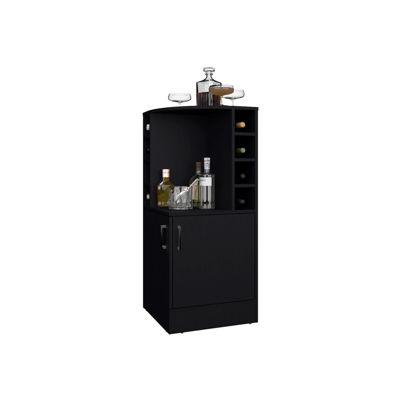 Pemberly Row Bar Cabinet with Bottle Rack and Open Shelves in Black Finish