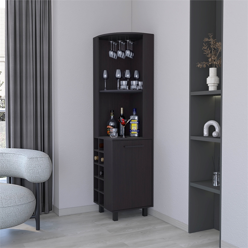 Pemberly Row Leah Corner Bar Cabinet with Wine Rack in Black Wengue