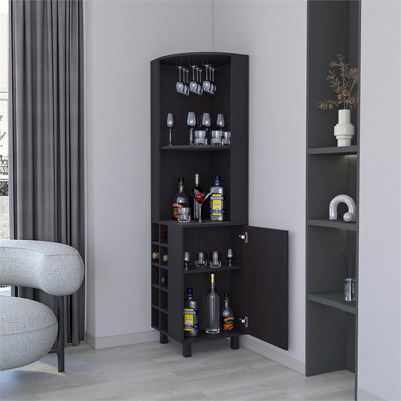 Pemberly Row Leah Corner Bar Cabinet with Wine Rack in Black Wengue