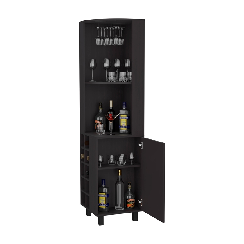 Pemberly Row Leah Corner Bar Cabinet with Wine Rack in Black Wengue