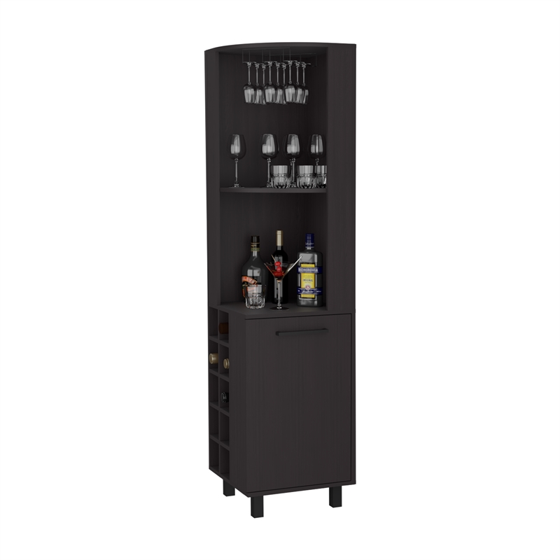 Pemberly Row Leah Corner Bar Cabinet with Wine Rack in Black Wengue