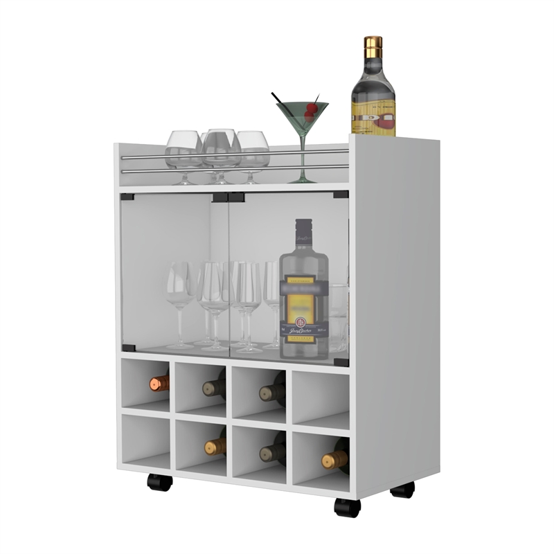 Pemberly Row Rolling Bar Cart with Bottle Rack in White Finish