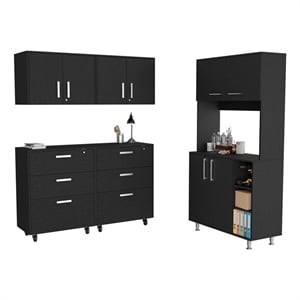 Pemberly Row 5 Piece Garage Set with Pantry and Wall Cabinets in Black
