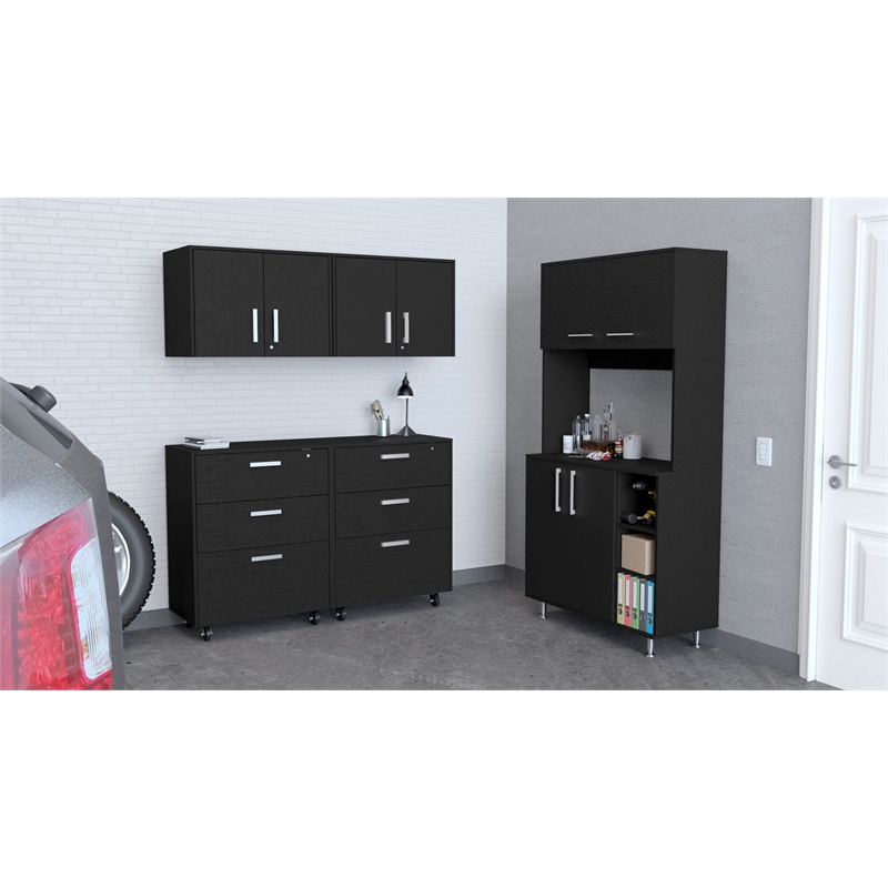 Pemberly Row 5 Piece Garage Set with Pantry and Wall Cabinets in Black