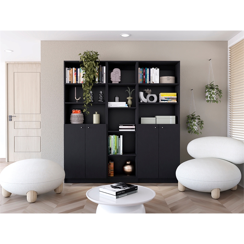 Pemberly Row Grants 3-Piece Black Living Room Set in Engineered Wood