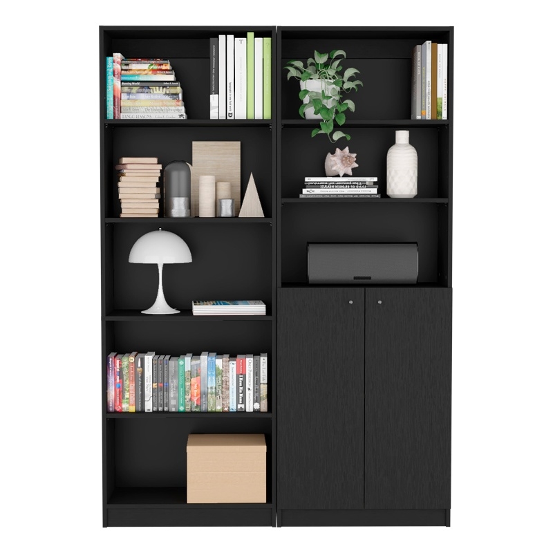 Pemberly Row 2 Piece Black Bookcase Set with Open and Closed Shelving