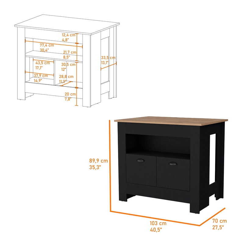 Pemberly Row Kitchen Island with 2 Doors and 3 Shelves in Black Wood