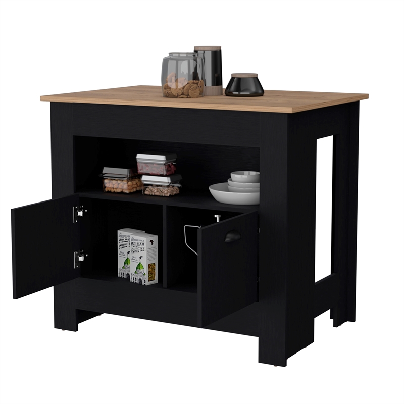 Pemberly Row Kitchen Island with 2 Doors and 3 Shelves in Black Wood
