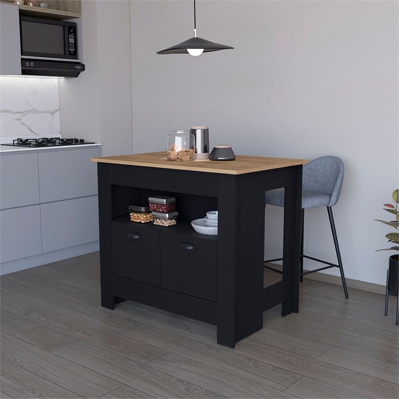 Pemberly Row Kitchen Island with 2 Doors and 3 Shelves in Black Wood