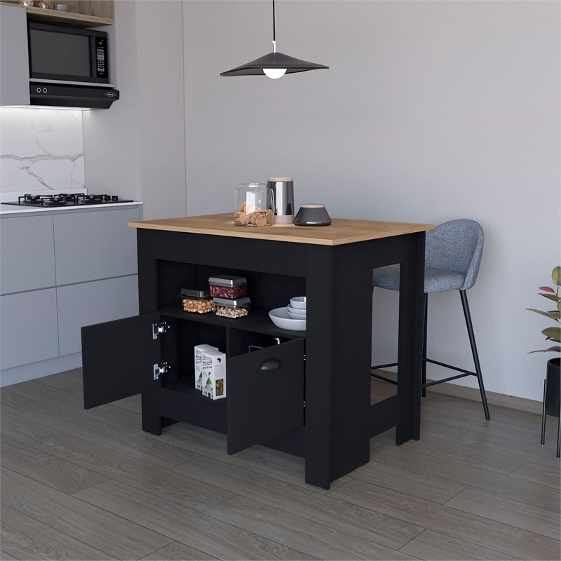 Pemberly Row Kitchen Island with 2 Doors and 3 Shelves in Black Wood