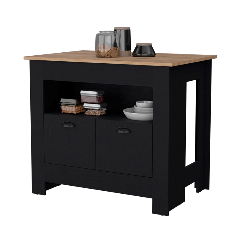 Pemberly Row Kitchen Island with 2 Doors and 3 Shelves in Black Wood