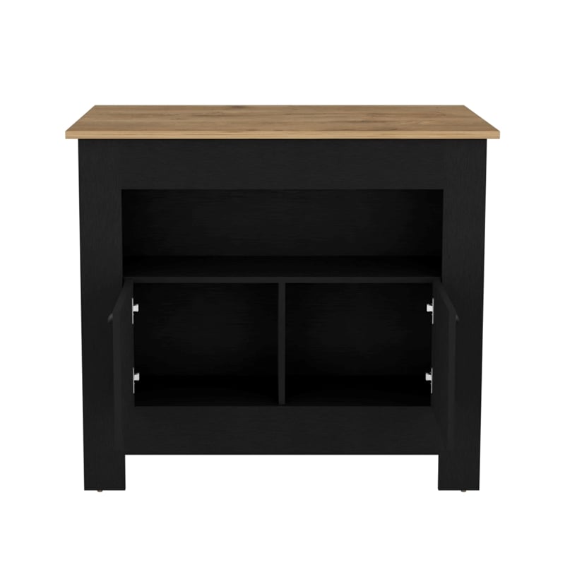 Pemberly Row Kitchen Island with 2 Doors and 3 Shelves in Black Wood