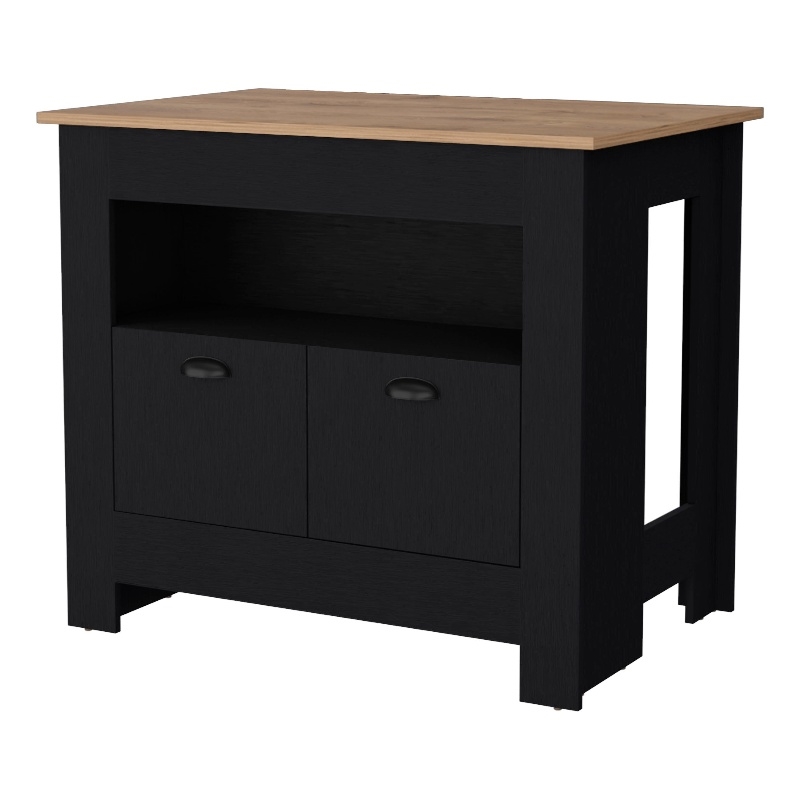 Pemberly Row Kitchen Island with 2 Doors and 3 Shelves in Black Wood