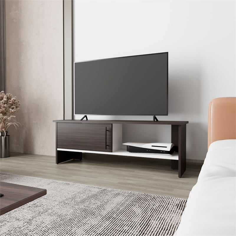 Pemberly Row Rock Point TV Stand with Storage in Walnut and White Finish