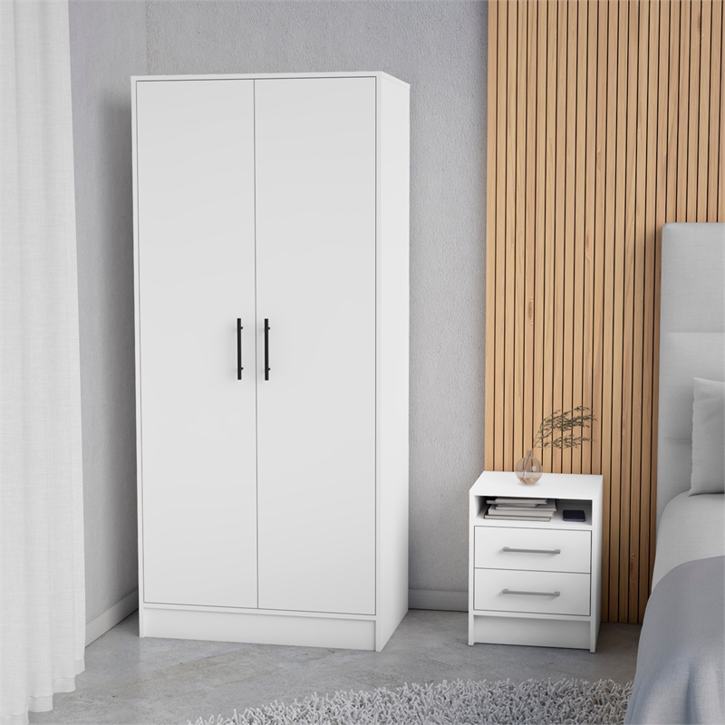 Pemberly Row 2 Piece Bedroom Set with Armoire and Nightstand in White