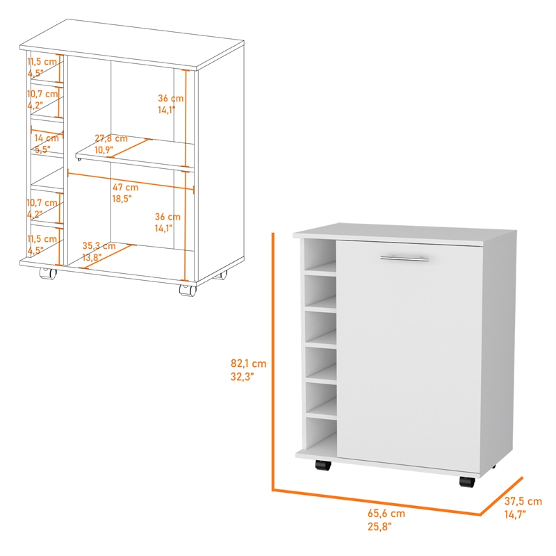 Pemberly Row Rawlins Bar Cart with Bottle Rack in Engineered Wood White