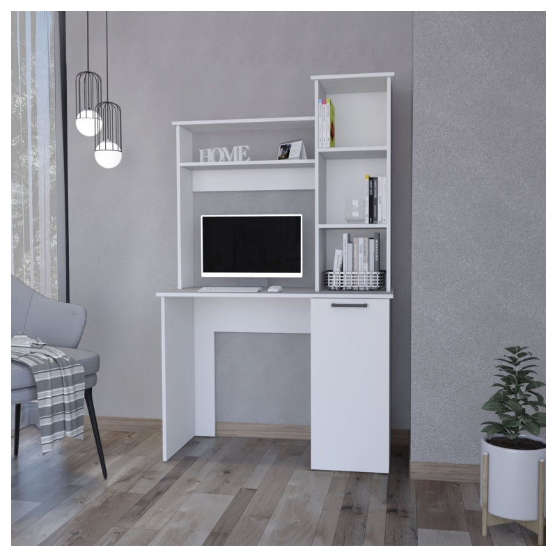 Pemberly Row Rumford Computer Desk with Hutch and Shelves in White Wood