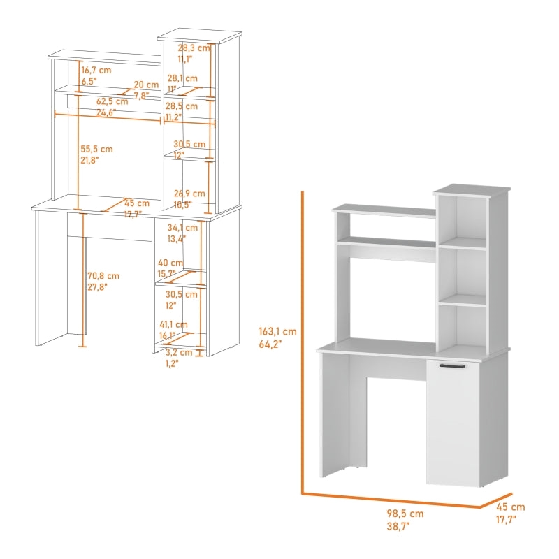 Pemberly Row Rumford Computer Desk with Hutch and Shelves in White Wood
