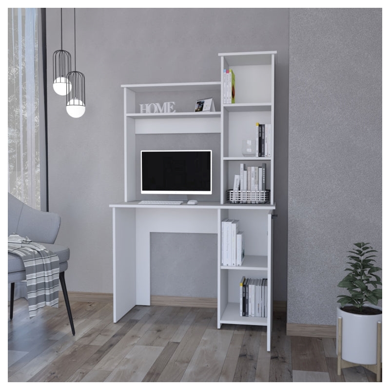 Pemberly Row Rumford Computer Desk with Hutch and Shelves in White Wood