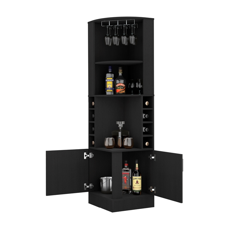 Pemberly Row Delhi Corner Bar Cabinet with Double Doors and Glass Rack in Black