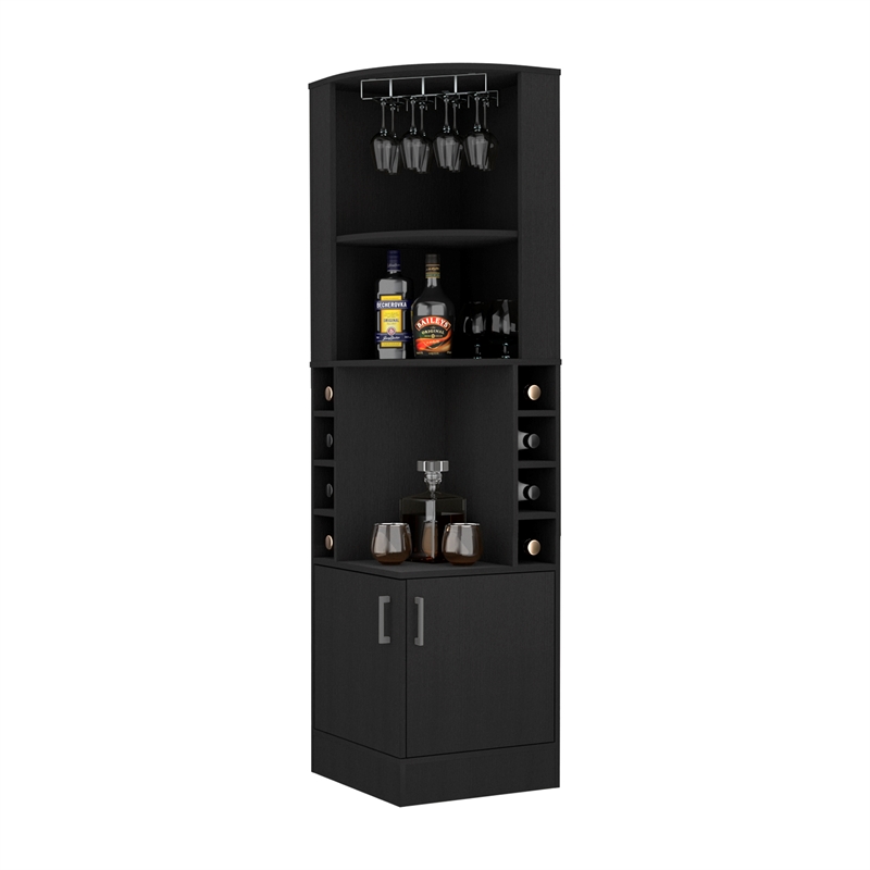 Pemberly Row Delhi Corner Bar Cabinet with Double Doors and Glass Rack in Black