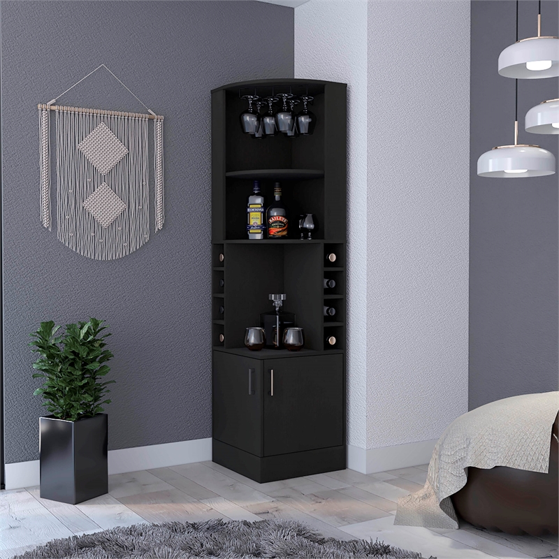 Pemberly Row Delhi Corner Bar Cabinet with Double Doors and Glass Rack in Black