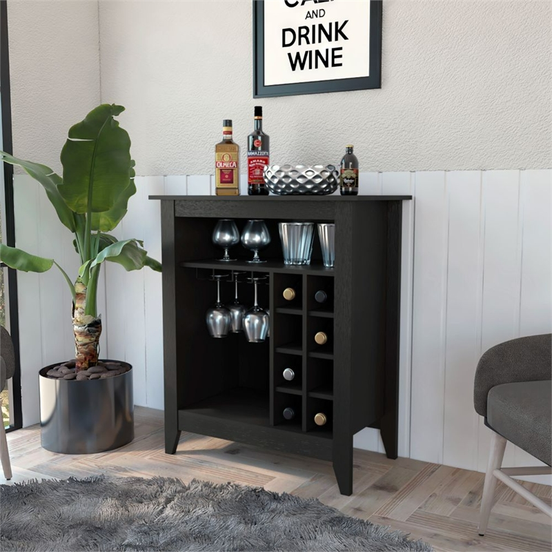 Pemberly Row Engineered Wood Bar Cabinet with Shelves in Black