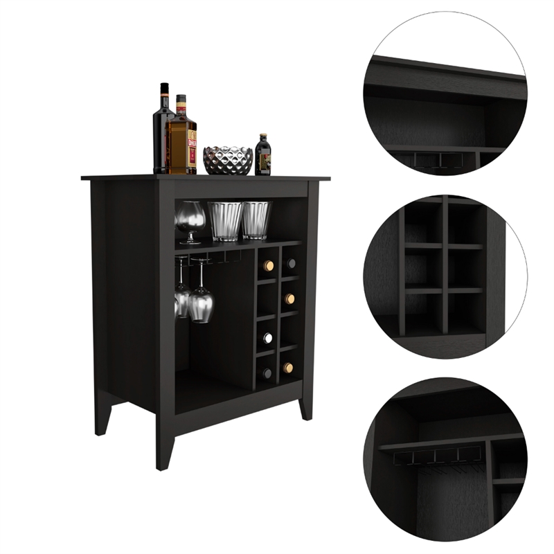 Pemberly Row Engineered Wood Bar Cabinet with Shelves in Black