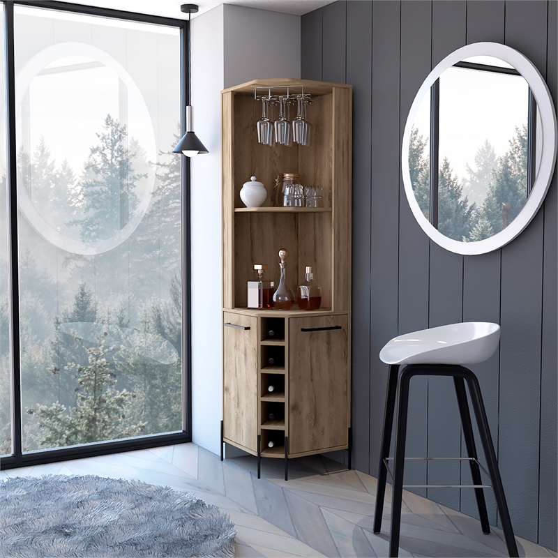 Pemberly Row Reese Corner Bar Cabinet in Beige Engineered Wood