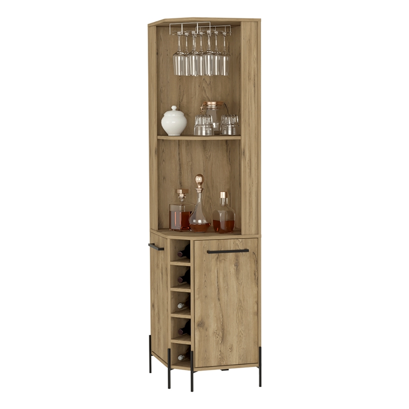 Pemberly Row Reese Corner Bar Cabinet in Beige Engineered Wood