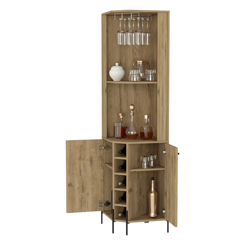 Pemberly Row Reese Corner Bar Cabinet in Beige Engineered Wood