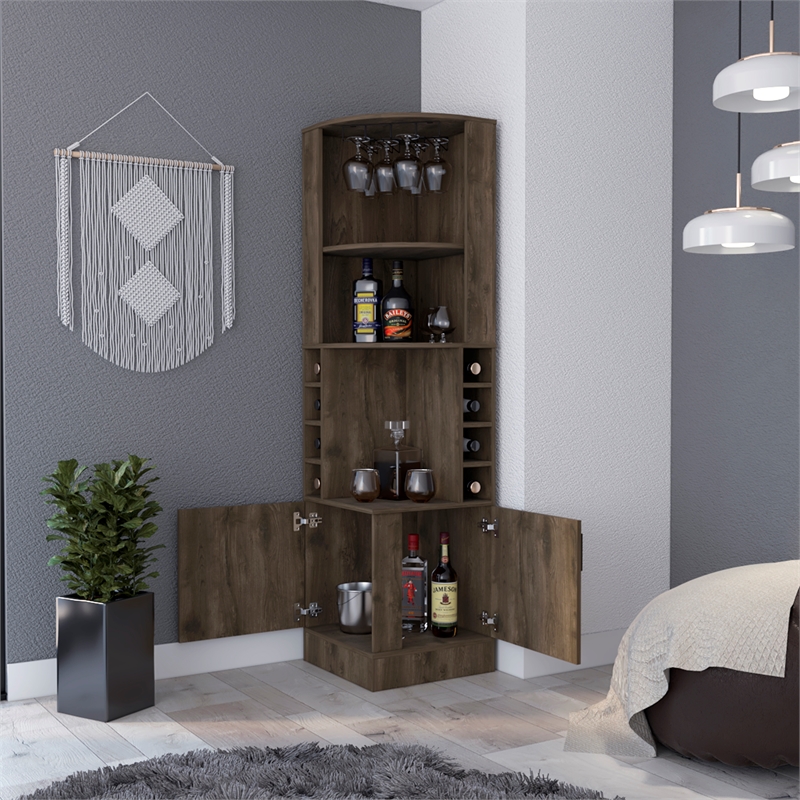 Pemberly Row Seattle Bar Cabinet with 2 Doors in Dark Brown Finish