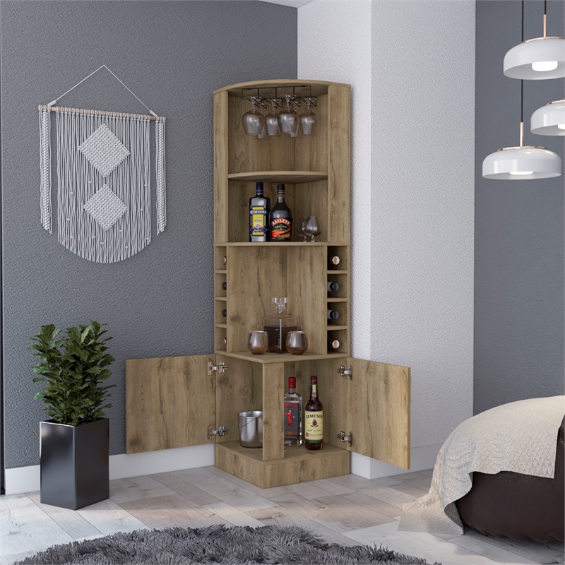 Pemberly Row Seattle Corner Bar Cabinet Macadamia Finish Engineered Wood