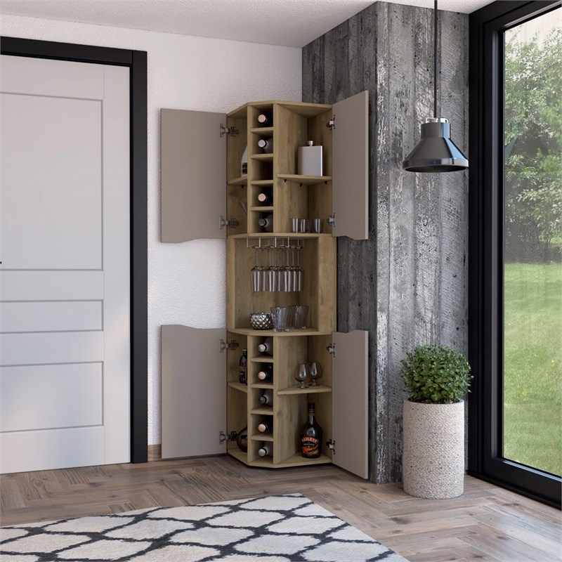 Pemberly Row Lyla Corner Bar Cabinet in Macadamia Taupe Finish