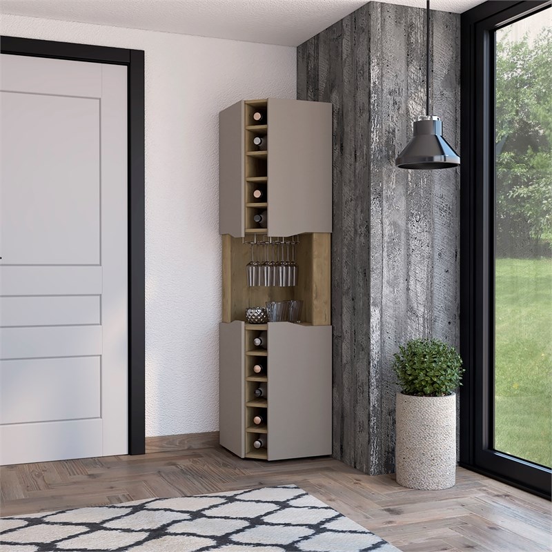Pemberly Row Lyla Corner Bar Cabinet in Macadamia Taupe Finish
