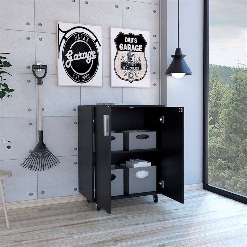 Pemberly Row 2-Door Storage Cabinet with Shelves in Black Finish