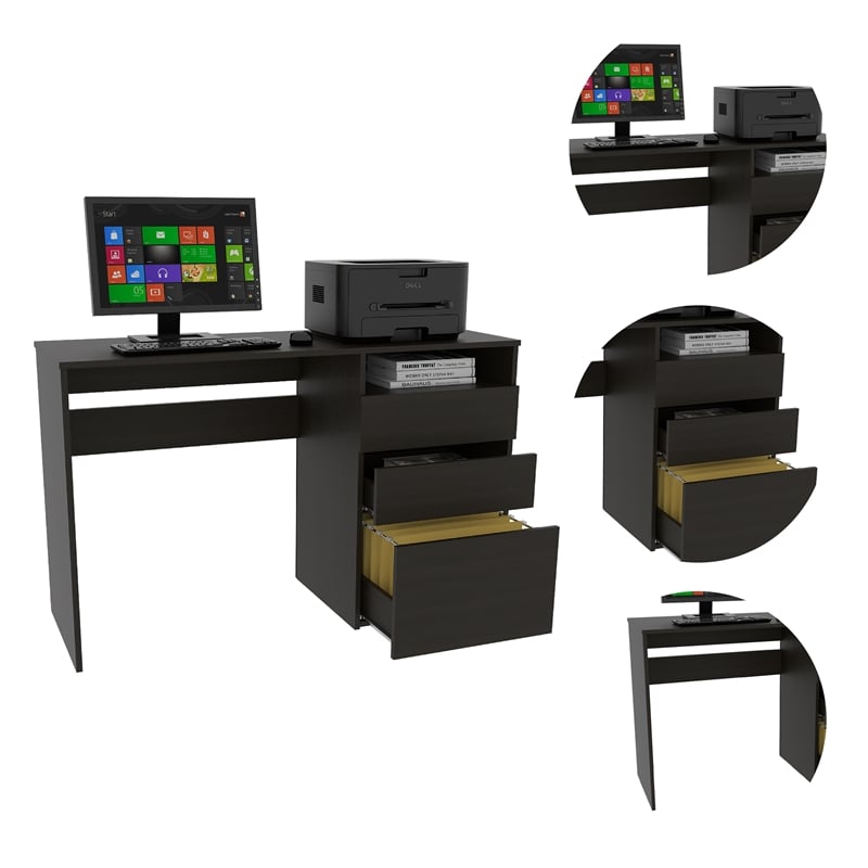 Pemberly Row Engineered Wood Writing Desk with Storage in Black Wenge