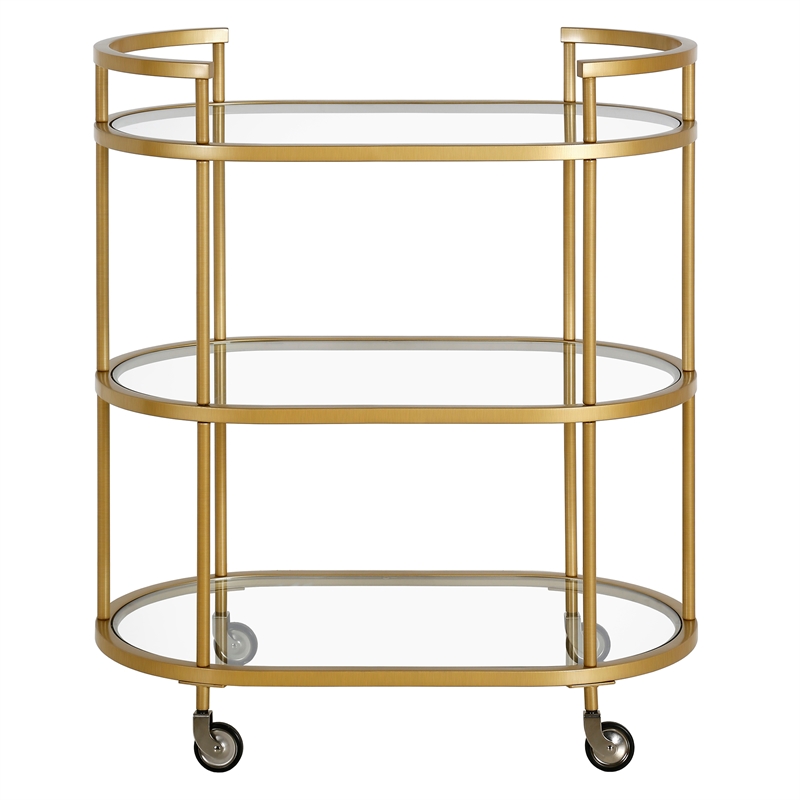Pemberly Row Brass Metal and Glass Bar Cart with Wheels and Handles