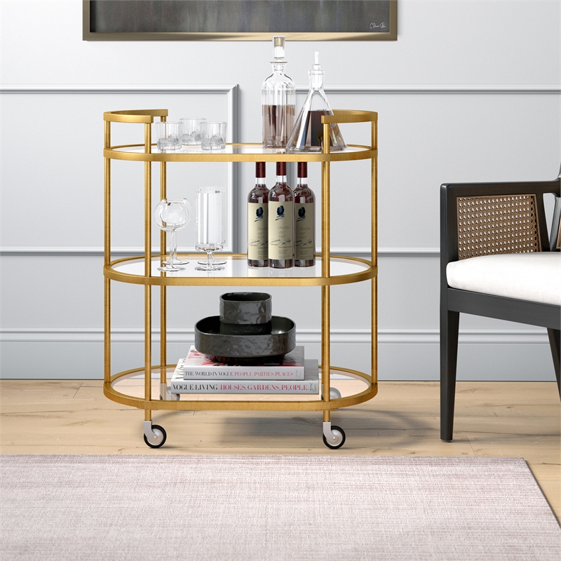 Pemberly Row Brass Metal and Glass Bar Cart with Wheels and Handles