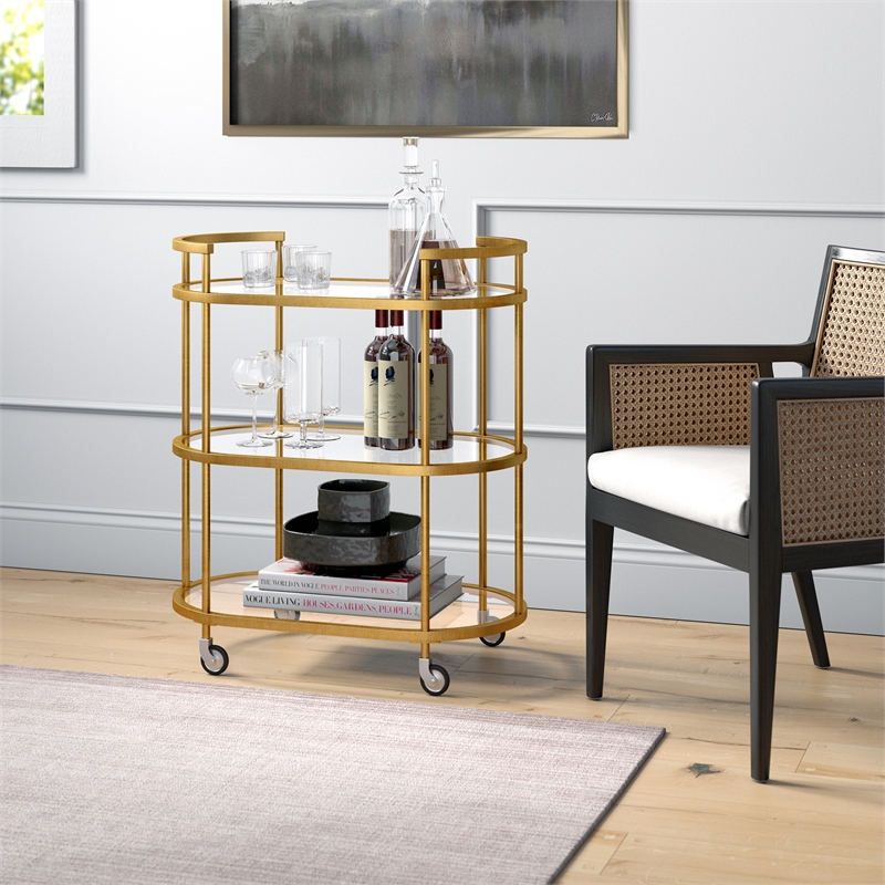 Pemberly Row Brass Metal and Glass Bar Cart with Wheels and Handles