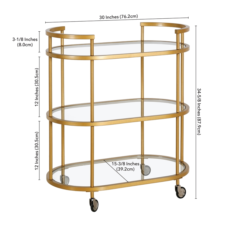 Pemberly Row Brass Metal and Glass Bar Cart with Wheels and Handles